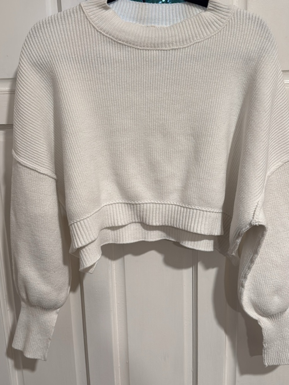 Free People Cream Ribbed Cropped Crewneck Sweater